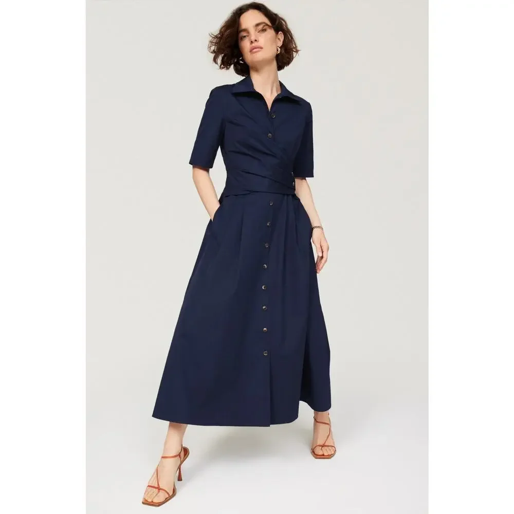 TORY BURCH Dark Blue 100% Cotton A-Line Short Sleeve Wrap Shirtdress Size 0